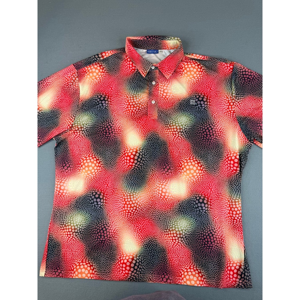 Hreski Polo Shirt Mens XXL Red Multi Psychedelic Polka Dot‎ Short Sleeve Golf